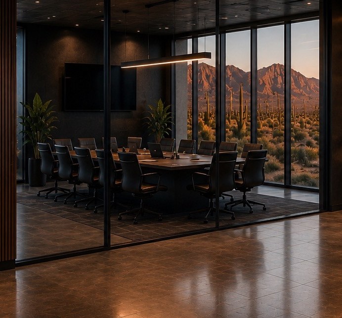 The FOSS boardroom set for the annual Summit: a private conference room with a desert view
