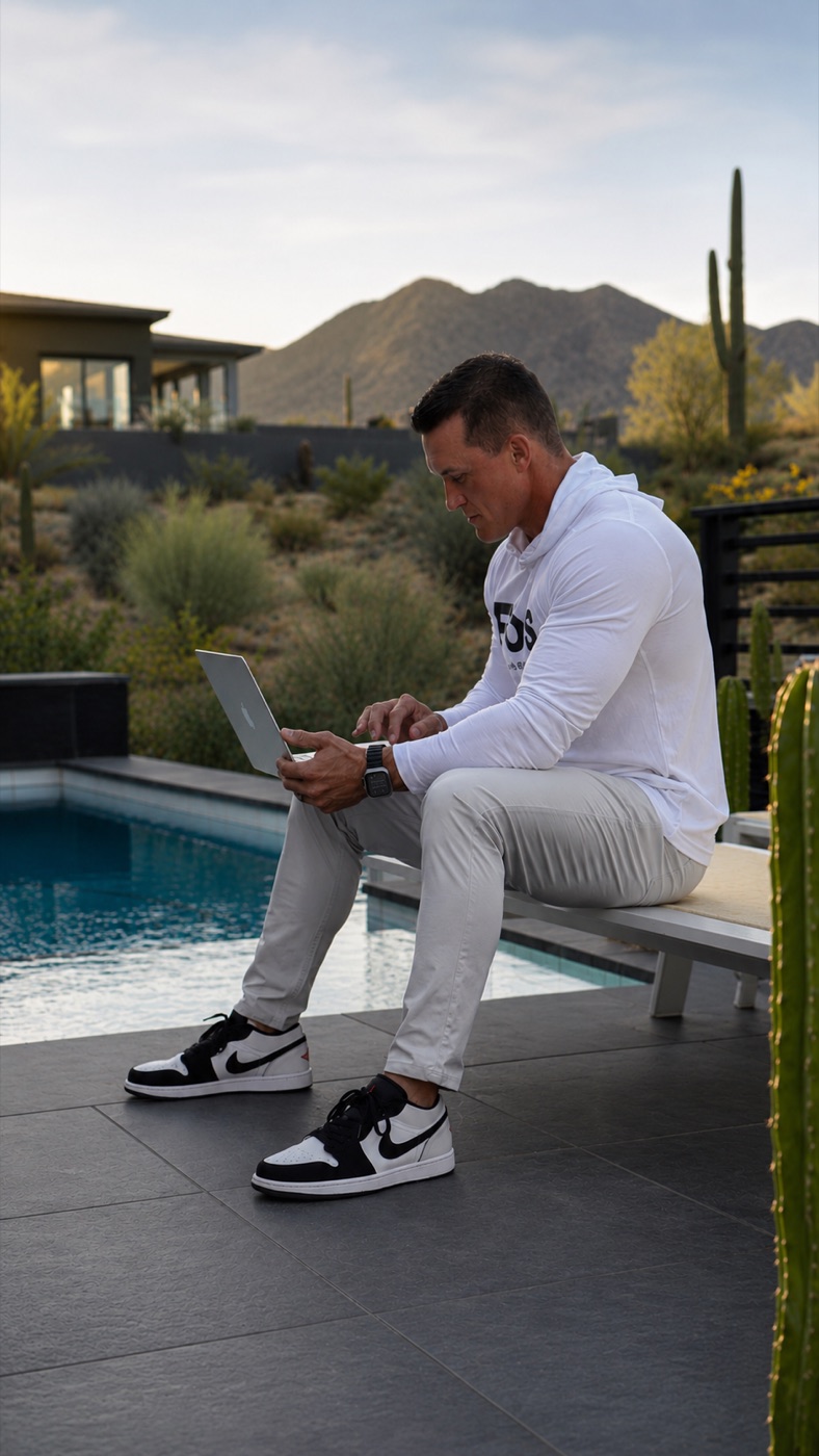Matt Foss working poolside, running the business from anywhere