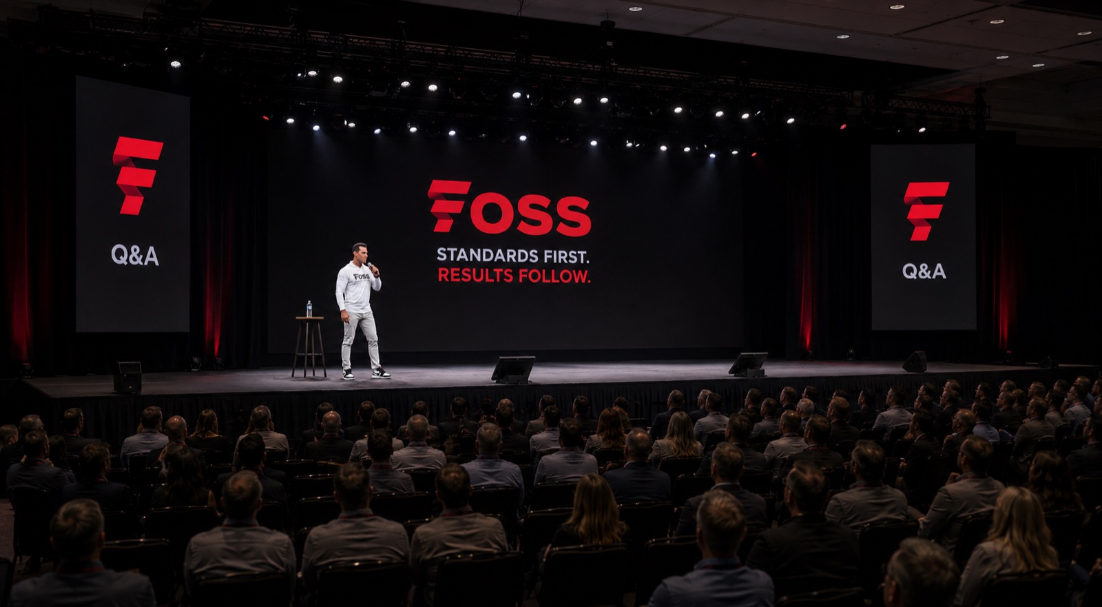 Matt Foss speaking on stage to a full room at a FOSS event